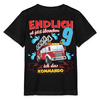Feuerwehrauto, Feuerwehr zum 9 Geburtstag 9 Jahre - Stanley/Stella Kinder T-Shirt MINI CREATOR  - Schwarz - Vorne - Mikhail (115cm)