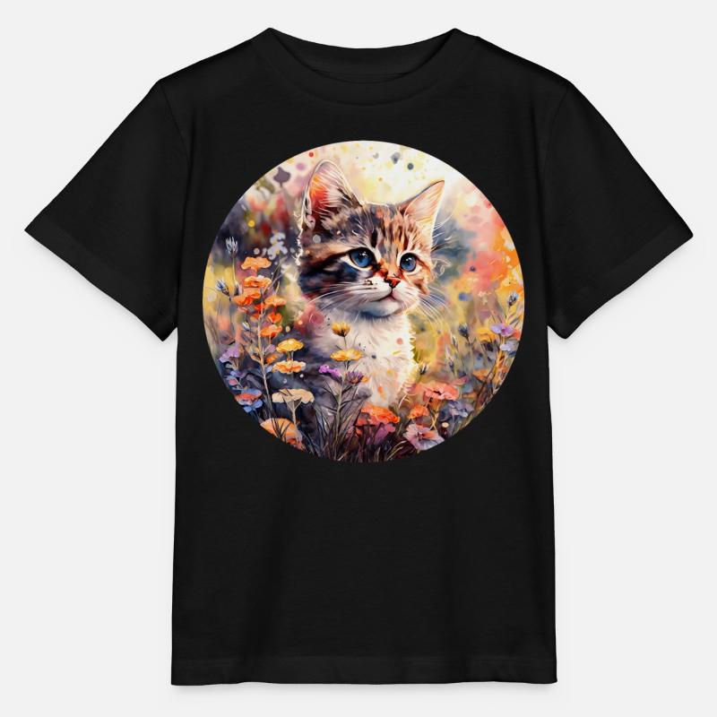 Chat dans un pré fleuri - Aquarelle - T-shirt bio MINI CREATOR Stanley/Stella Enfant - noir