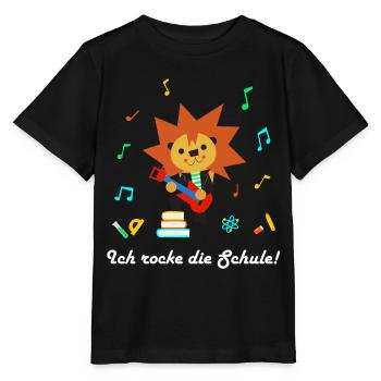 Löwe Rock mit Schulutensilien - Stanley/Stella Kinder T-Shirt MINI CREATOR  - Schwarz - Vorne - Mikhail (115cm)