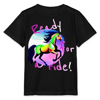 Motif coloré de fille montante galop à cheval - T-shirt bio MINI CREATOR Stanley/Stella Enfant - noir - Devant - Mikhail (115cm)