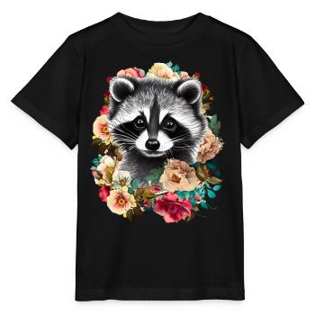 Waschbär Blumen - Stanley/Stella Kinder T-Shirt MINI CREATOR  - Schwarz - Vorne - Mikhail (115cm)