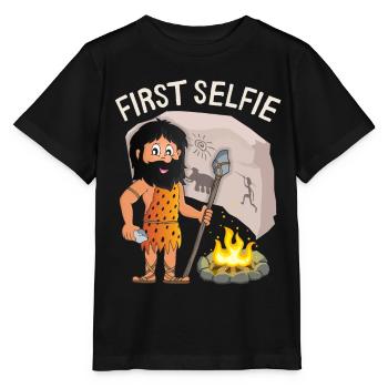 Drôle de Néandertal, premier selfie, dicton, jeu de mots - T-shirt bio MINI CREATOR Stanley/Stella Enfant - noir - Devant - Mikhail (115cm)