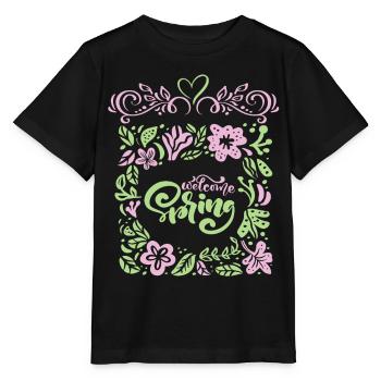 Printemps, Dire Bienvenue-Printemps, Typographie - T-shirt bio MINI CREATOR Stanley/Stella Enfant - noir - Devant - Mikhail (115cm)