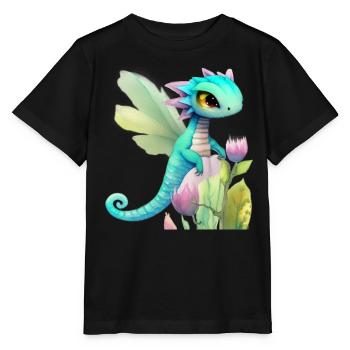 Kawaii Dragon Cartoon on Pink Flower - Stanley/Stella MINI CREATOR Kids’ T-Shirt - black - Front - Mikhail (115cm)