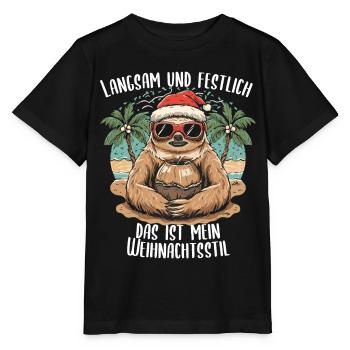 Weihnachtliche Gelassenheit: Faultier mit Stil - Stanley/Stella Kinder T-Shirt MINI CREATOR  - Schwarz - Vorne - Mikhail (115cm)