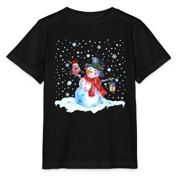 Noël nostalgie bonhomme de neige avec hibou, lanterne - T-shirt bio MINI CREATOR Stanley/Stella Enfant - noir - Devant - Mikhail (115cm)