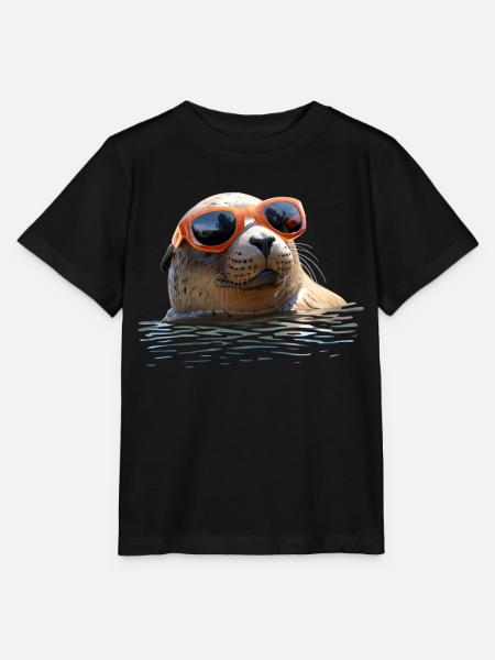 Robbe mit Sonnenbrille Seehund Walross Süße Robben - Stanley/Stella Kinder T-Shirt MINI CREATOR - Schwarz