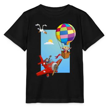 Girl in a hot air balloon and a red airplane - Stanley/Stella MINI CREATOR Kids’ T-Shirt - black - Front - Mikhail (115cm)