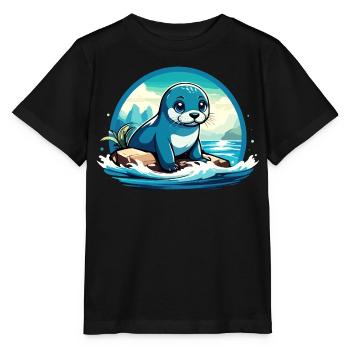 Robbe auf Felsen - Stanley/Stella Kinder T-Shirt MINI CREATOR  - Schwarz - Vorne - Mikhail (115cm)
