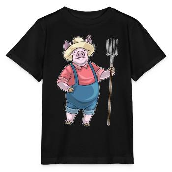 Schwein Landwirt Mistgabel Bauernhof - Stanley/Stella Kinder T-Shirt MINI CREATOR  - Schwarz - Vorne - Mikhail (115cm)