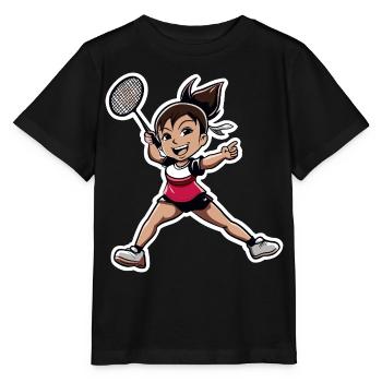 Badmintonspielerin Zeichentrick - Stanley/Stella Kinder T-Shirt MINI CREATOR  - Schwarz - Vorne - Mikhail (115cm)