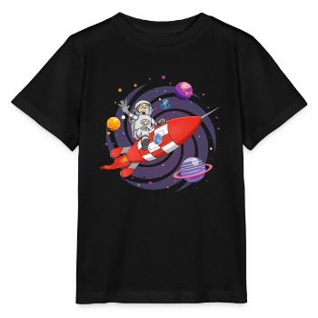 The astronaut and the red rocket in space. - Stanley/Stella MINI CREATOR Kids’ T-Shirt - black - Front - Mikhail (115cm)