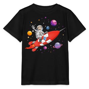 L’astronaute et la fusée rouge dans l’espace. - T-shirt bio MINI CREATOR Stanley/Stella Enfant - noir - Devant - Mikhail (115cm)