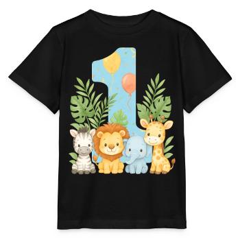 Jungle Animals Children's Birthday 1 Year Gift - Stanley/Stella MINI CREATOR Kids’ T-Shirt - black - Front - Mikhail (115cm)