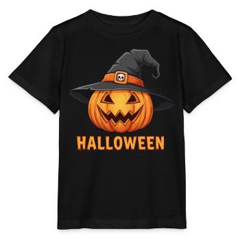 Gruselige Halloween Kürbislaterne mit Hexenhut - Stanley/Stella Kinder T-Shirt MINI CREATOR  - Schwarz - Vorne - Mikhail (115cm)