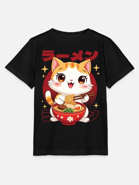 Chaton avec des ramen dans le style kawaii - T-shirt bio MINI CREATOR Stanley/Stella Enfant - noir