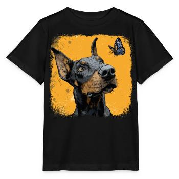 Funny Doberman and Butterfly on Orange - Stanley/Stella MINI CREATOR Kids’ T-Shirt - black - Front - Mikhail (115cm)