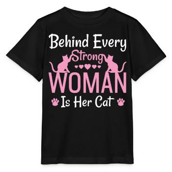 Behind every strong woman is her cat - Stanley/Stella MINI CREATOR Kids’ T-Shirt - black - Front - Mikhail (115cm)