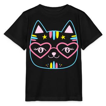 Kawaii Cat Face with Heart Glasses Pink Pink Cute - Stanley/Stella MINI CREATOR Kids’ T-Shirt - black - Front - Mikhail (115cm)