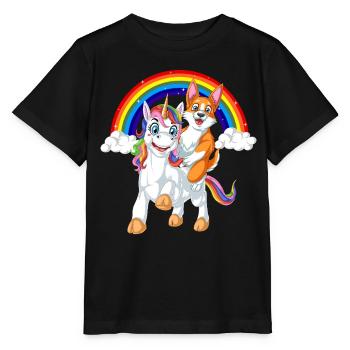 Corgi reitende Einhorn-Regenbogen-Kinder-Shirt - Stanley/Stella Kinder T-Shirt MINI CREATOR  - Schwarz - Vorne - Mikhail (115cm)