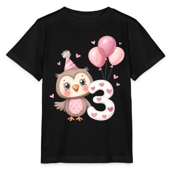 Eule zum dritten Geburtstag mit Luftballons - Stanley/Stella Kinder T-Shirt MINI CREATOR  - Schwarz - Vorne - Mikhail (115cm)