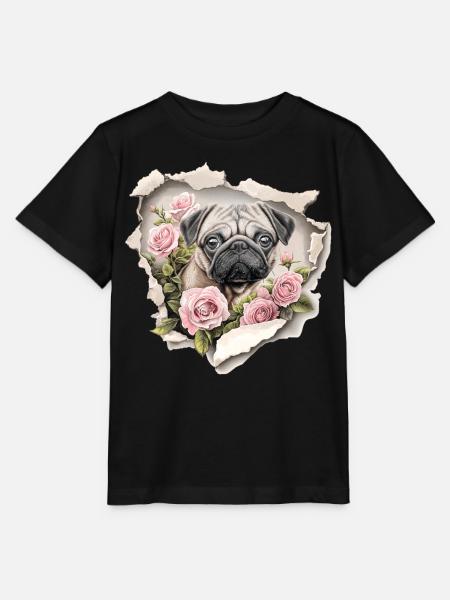 Mops Blumen Vintage - Stanley/Stella Kinder T-Shirt MINI CREATOR  - Schwarz