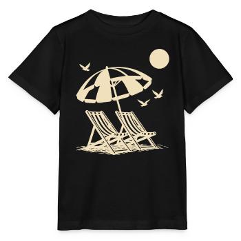 Strandurlaub mit Liegestühlen unter Sonnenschirm - Stanley/Stella Kinder T-Shirt MINI CREATOR  - Schwarz - Vorne - Mikhail (115cm)