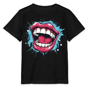 Laughing Cartoon mouth wide open with red lips - T-shirt bio MINI CREATOR Stanley/Stella Enfant - noir - Devant - Mikhail (115cm)