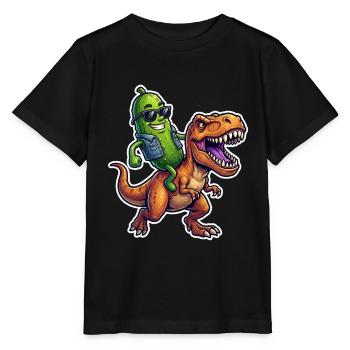 Sour cucumber rides dinosaur - Stanley/Stella MINI CREATOR Kids’ T-Shirt - black - Front - Mikhail (115cm)
