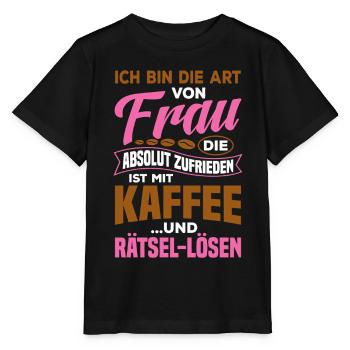 Zufrieden mir Kaffee und Rätsel lösen / Spruch - Stanley/Stella Kinder T-Shirt MINI CREATOR  - Schwarz - Vorne - Mikhail (115cm)