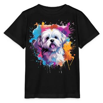 Chien maltais coloré à l’œuvre éclaboussée - T-shirt bio MINI CREATOR Stanley/Stella Enfant - noir - Devant - Mikhail (115cm)