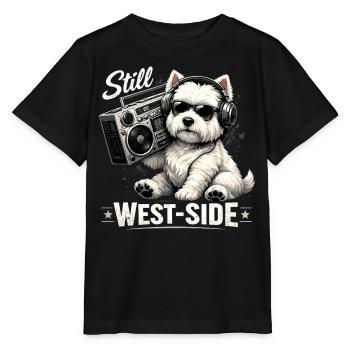Cooler Westie mit Boombox: Still West-Side - Stanley/Stella Kinder T-Shirt MINI CREATOR  - Schwarz - Vorne - Mikhail (115cm)