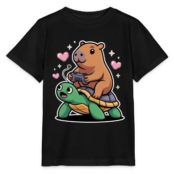Gamer Duo Capybara auf Schildkröte - Stanley/Stella Kinder T-Shirt MINI CREATOR  - Schwarz - Vorne - Mikhail (115cm)
