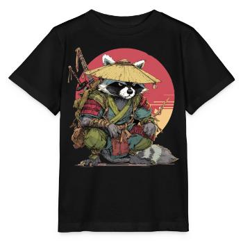 Raccoon Samurai with Straw Hat - Stanley/Stella MINI CREATOR Kids’ T-Shirt - black - Front - Mikhail (115cm)