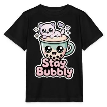 Chemise Stay Pétillante avec Chat – Chemise Bubble Tea - T-shirt bio MINI CREATOR Stanley/Stella Enfant - noir - Devant - Mikhail (115cm)