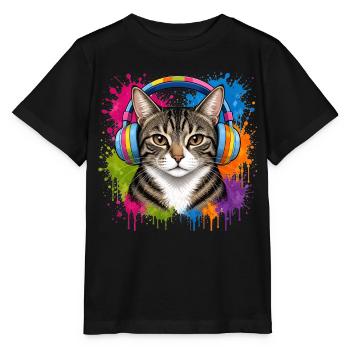 Katze mit Musik Kopfhörer im Farben-Splash Katzen - Stanley/Stella Kinder T-Shirt MINI CREATOR  - Schwarz - Vorne - Mikhail (115cm)