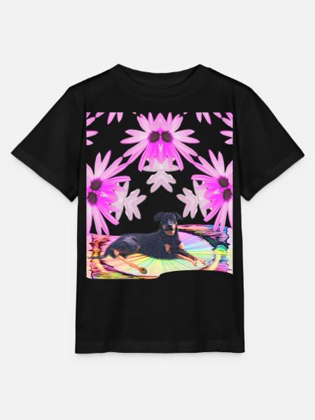 Male Lobo - surrounded by pink flowers in the rainbow - Stanley/Stella MINI CREATOR Kids’ T-Shirt - black
