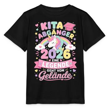 Kita Abgänger 2026 mit Einhorn und Regenbogen - Stanley/Stella Kinder T-Shirt MINI CREATOR  - Schwarz - Vorne - Mikhail (115cm)