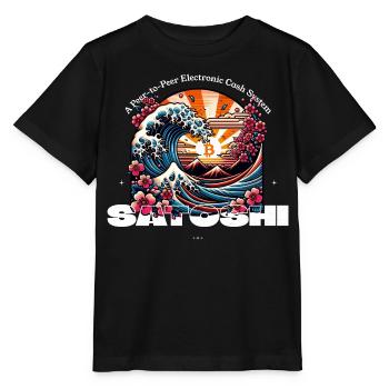 Vague d’ukiyoe Bitcoin avec des cerisiers en fleurs - T-shirt bio MINI CREATOR Stanley/Stella Enfant - noir - Devant - Mikhail (115cm)