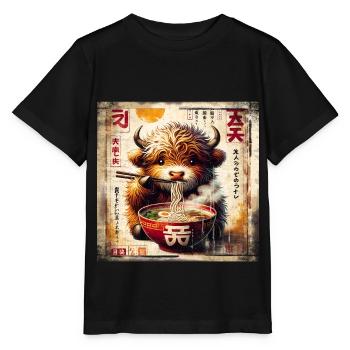 Highland Cow Ramen Vintage Poster Style - Stanley/Stella Kinder T-Shirt MINI CREATOR  - Schwarz - Vorne - Mikhail (115cm)