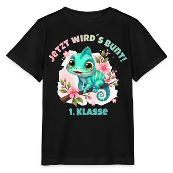 Chamäleon Aquarell - Jetzt wirds bunt - 1. Klasse - Stanley/Stella Kinder T-Shirt MINI CREATOR  - Schwarz - Vorne - Mikhail (115cm)