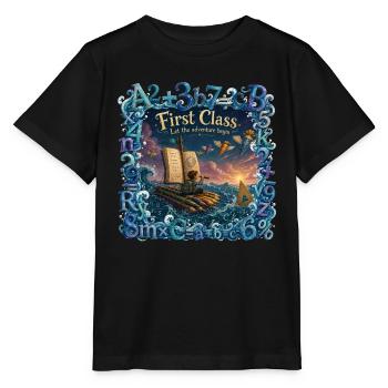 First Class – Let the Adventure Begin - Stanley/Stella Kinder T-Shirt MINI CREATOR  - Schwarz - Vorne - Mikhail (115cm)