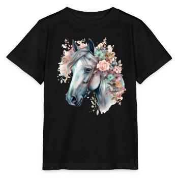 Couronne de cheval florale pastel aquarelle - T-shirt bio MINI CREATOR Stanley/Stella Enfant - noir - Devant - Mikhail (115cm)