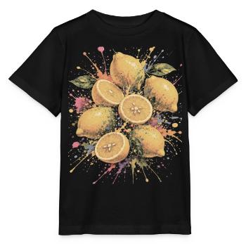 Zitronengelbe Zitrus-Mehrfarbige Spritzkunst - Stanley/Stella Kinder T-Shirt MINI CREATOR  - Schwarz - Vorne - Mikhail (115cm)