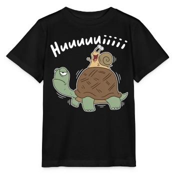 Hui – Schnecke reitet Schildkröte Cartoon - Stanley/Stella Kinder T-Shirt MINI CREATOR  - Schwarz - Vorne - Mikhail (115cm)
