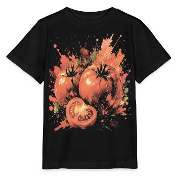 Rotes Tomatengemüse-Splash-Kunst-Aquarell - Stanley/Stella Kinder T-Shirt MINI CREATOR  - Schwarz - Vorne - Mikhail (115cm)
