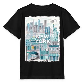 New York City Watercolor Skyline - Stanley/Stella Kinder T-Shirt MINI CREATOR  - Schwarz - Vorne - Mikhail (115cm)