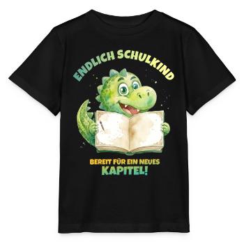 Endlich Schulkind Aquarell Dino mit Buch - grün  - Stanley/Stella Kinder T-Shirt MINI CREATOR  - Schwarz - Vorne - Mikhail (115cm)