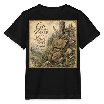 Hiking Backpack Retro Mural Nature Decoration Poster - Stanley/Stella MINI CREATOR Kids’ T-Shirt - black - Front - Mikhail (115cm)