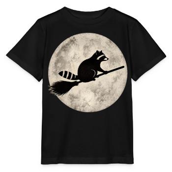 Raccoon on broom before full moon Halloween Funny - Stanley/Stella MINI CREATOR Kids’ T-Shirt - black - Front - Mikhail (115cm)